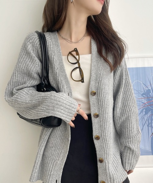 TREOVER カーディガン 片畦編み・Vネック MIXニットカーディガン