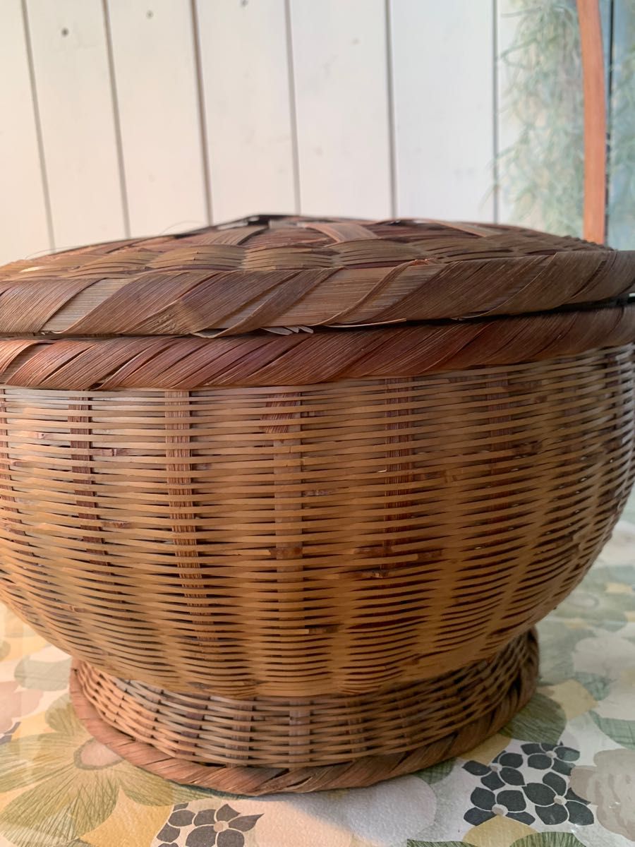 レトロ 竹細工 籠 カゴ 竹 竹籠 古道具 蓋付 古民具 アンティーク