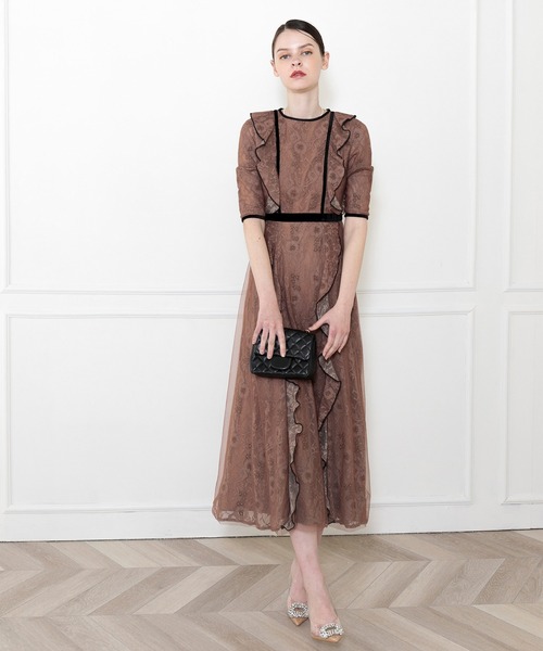 Leja（レジャ）の「【LEJA】フリル配色パイピング花柄レースロング