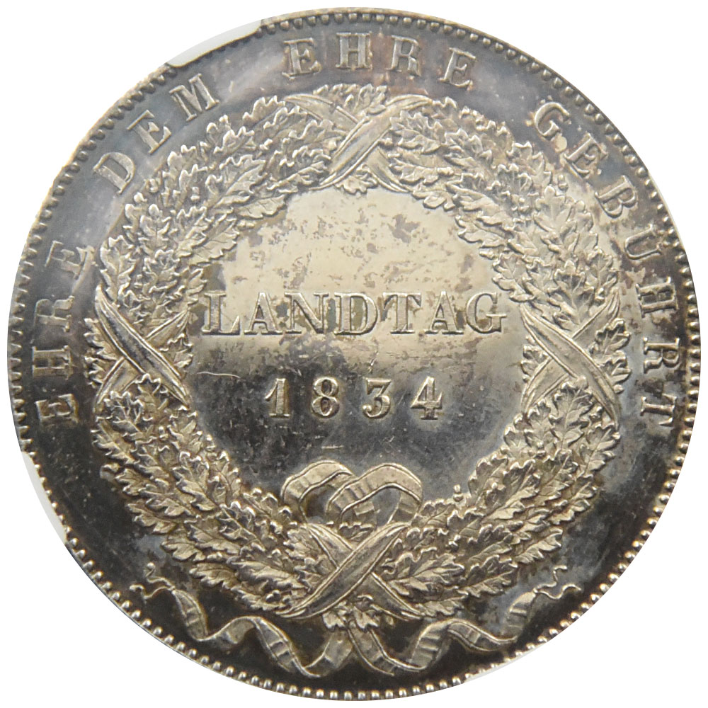 ドイツ 1834 ルートヴィヒ1世 ターラー 銀貨 NGC MS 62 PL 州議会