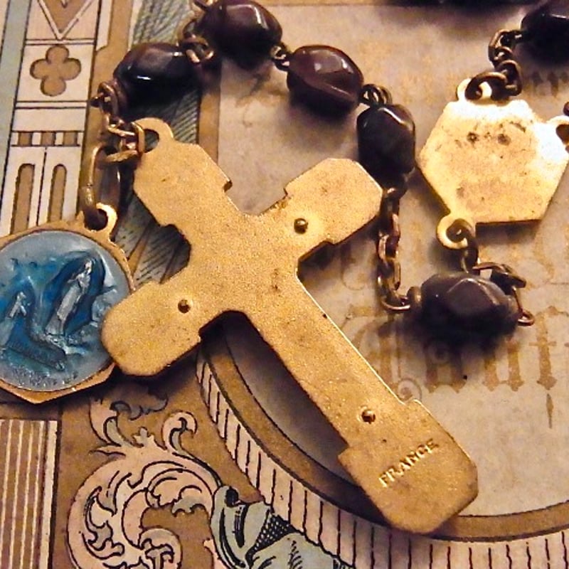 フランス アンティーク 茶 ガラス ロザリオ 聖母マリア メダイ 真鍮