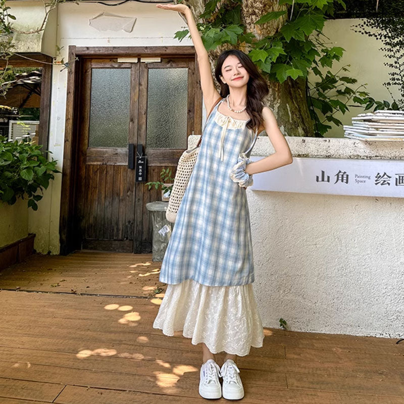 レイヤード風レトロチェックワンピース(2colors)（青・赤）春/夏