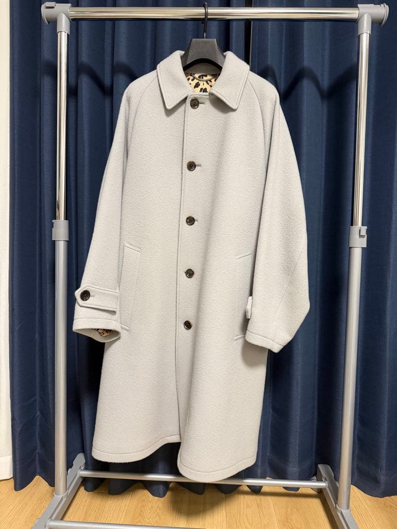 WACKOMARIA ステンカラーコート ライトグレー　裏地レオパード カシミヤブレンド ビーバー調ステンカラーコート（ステンカラーコート