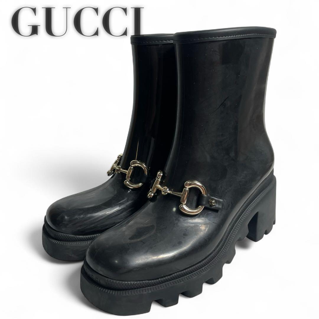 GUCCI ホースビット黒 ラバー ショートレインシューズサイズ 38 二子玉)GUCCI グッチ ホースビットローファー レザー プラットフォーム