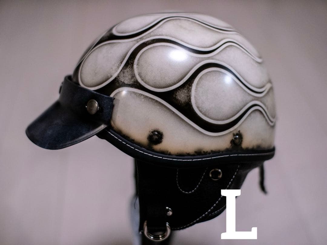 L 新品未使用　ポリヘル　ポリス　ヘルメット アイボリーエイジング黒フレア 公道使用不可 装飾用ヘルメット ハーフヘルメット 人気 ポリヘル